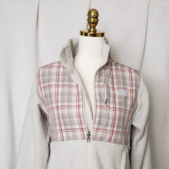 The North Face Retro Denali fleece jacket with red grey off-white plaid women's - Picture 2 of 16